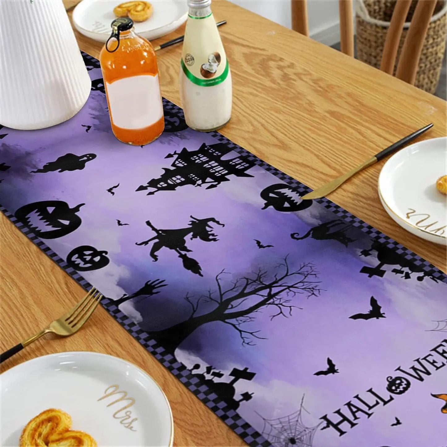 Halloween Gnome Pumpkin Linen Table Runners Black Cat Castle in Purple Spooky Nights Holiday Party Kitchen Dining Table Decor