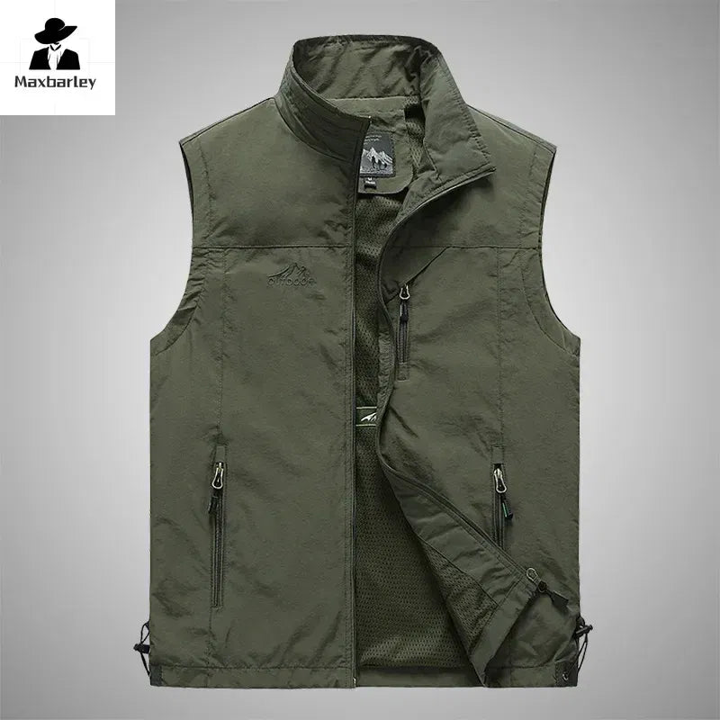 Color: Beige, Size: XXS - Autumn Men Waistcoat Outdoor Leisure Solid Sleeveless Jacket Young Middle-aged Photography Fishing Casual Vest Male summer