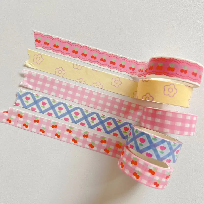 Decorative Washi Tape, Pink Cherry Grid Floral Masking Tape, Cute DIY Scrapbooking Journal Tape, Kawaii Planner Stationery Gift for Girls Women