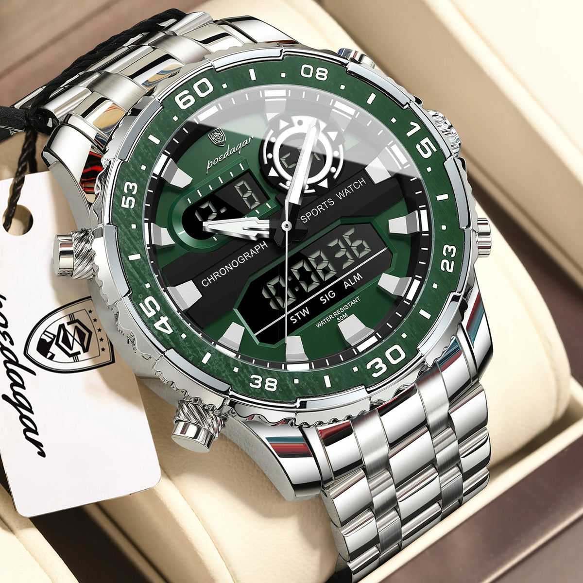 POEDAGAR Functional Electronic Man Wristwatch Week Date LED Luminous Oversized Fashion Quartz Men Watch Dual Time Digital Military Men's Watches Reloj