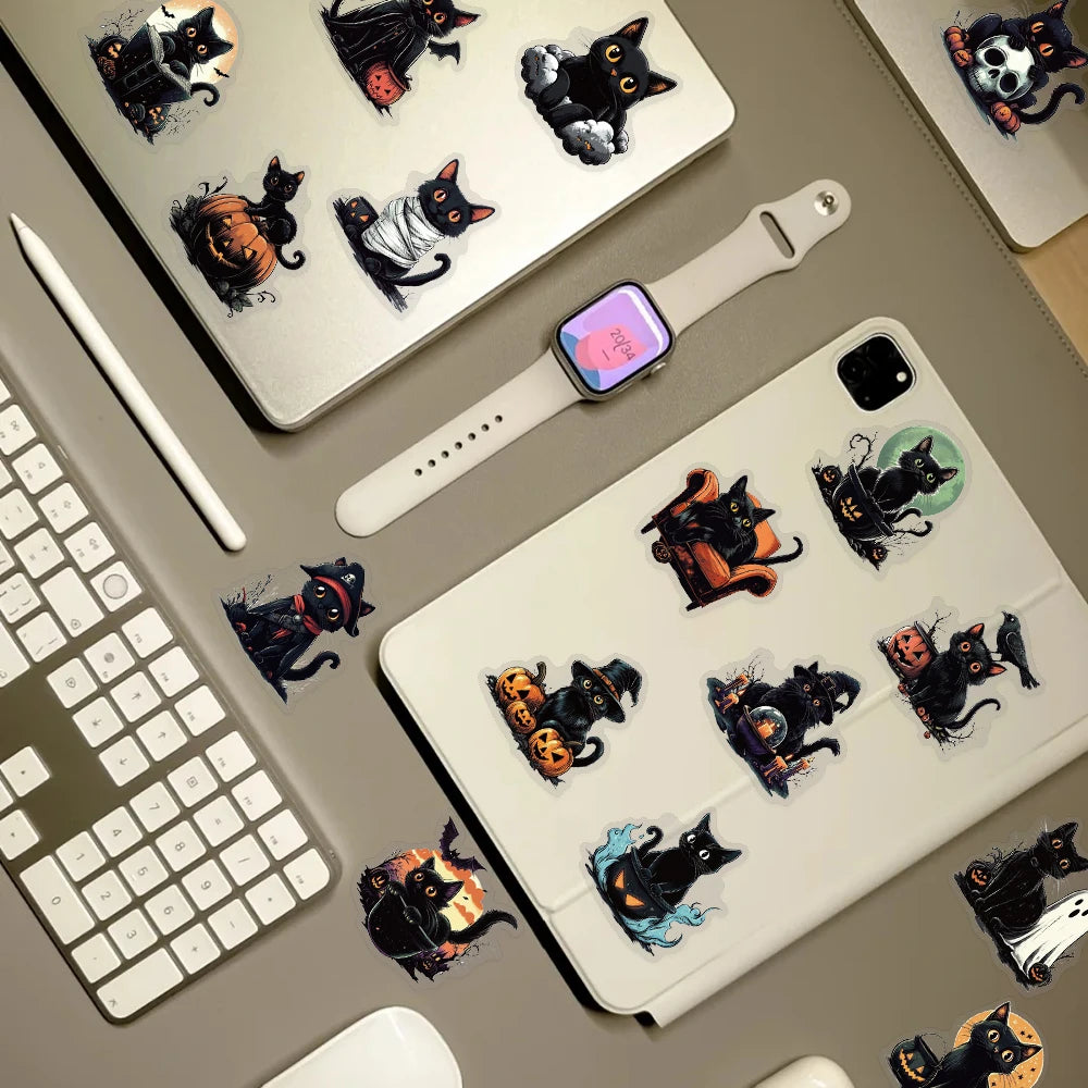 50pcs Halloween Black Cat PET Stickers Decals For Laptop Wall Suitcase Skateboard DIY Aesthetic Stickers Creative Festival Gifts