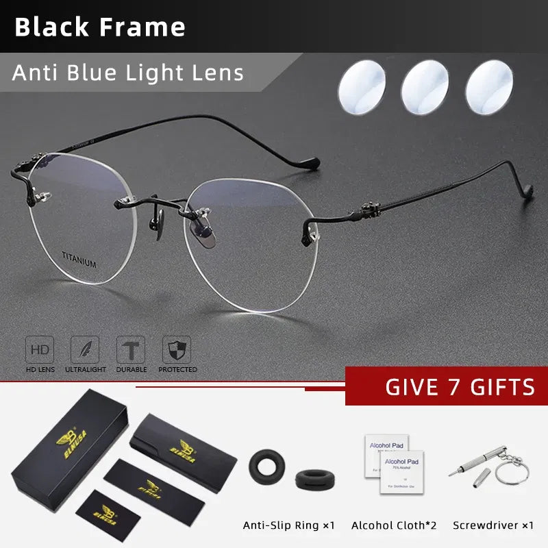 Frame Color: PURPLE, Eye Prescription: +400 - BLMUSA Pure Titanium Rimless Anti-blue Light Reading Glasses for Men Round Photochromic Optical Prescription with MR-8 lens