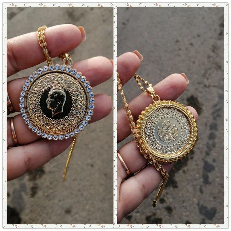 Never Faded Big Size Turkey Coin Pendant & Necklaces with AAA Crystal for Women Gold Color Turkish Coins Jewelry Ethnic Gifts