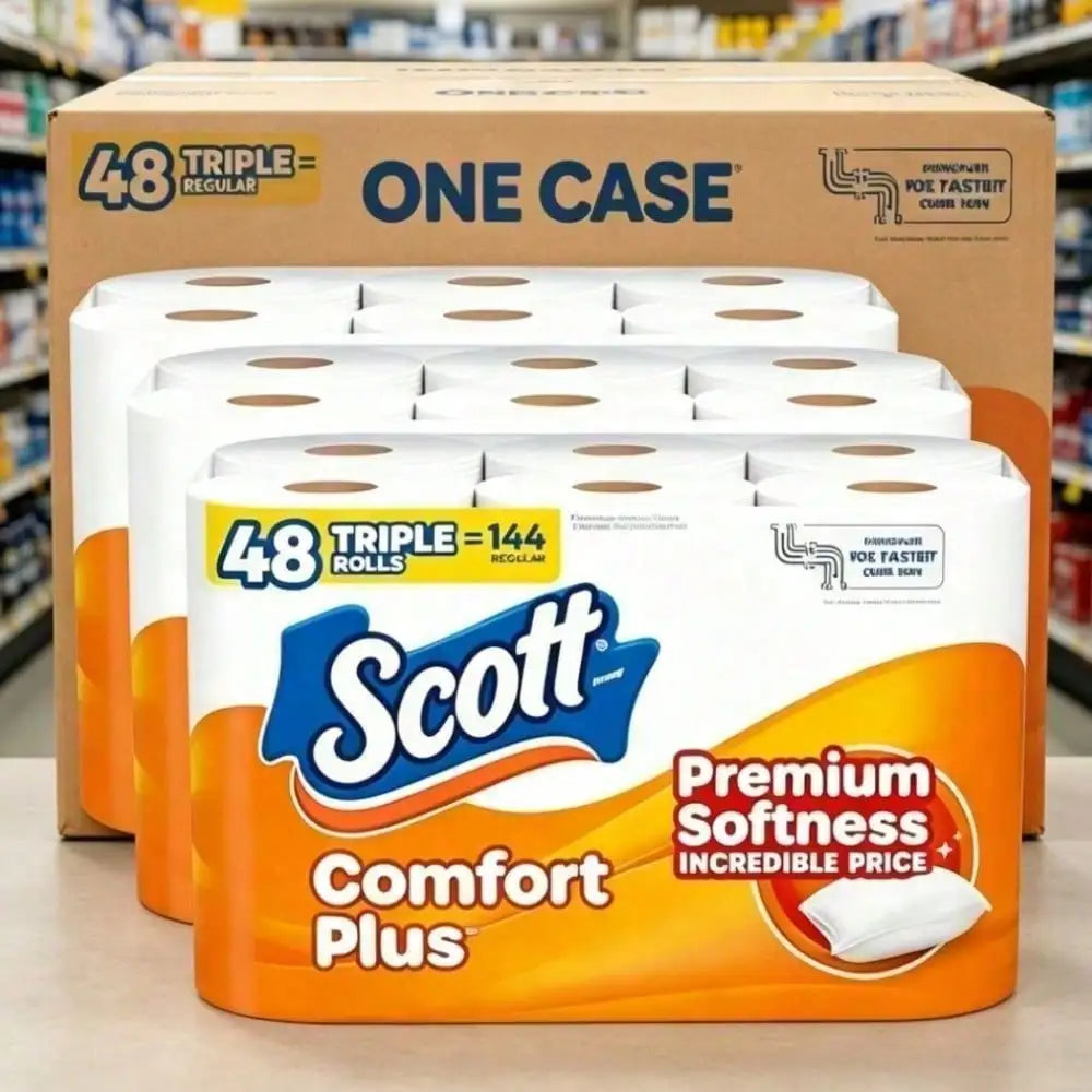 Scott ComfortPlus Toilet Paper, Thickened Family Large Capacity Pack. Available in 12/36/48 rolls, with double-ply & single-ply options. 12 double rolls equal to 24 regular rolls, 231 soft absorbent sheets per roll. Septic &