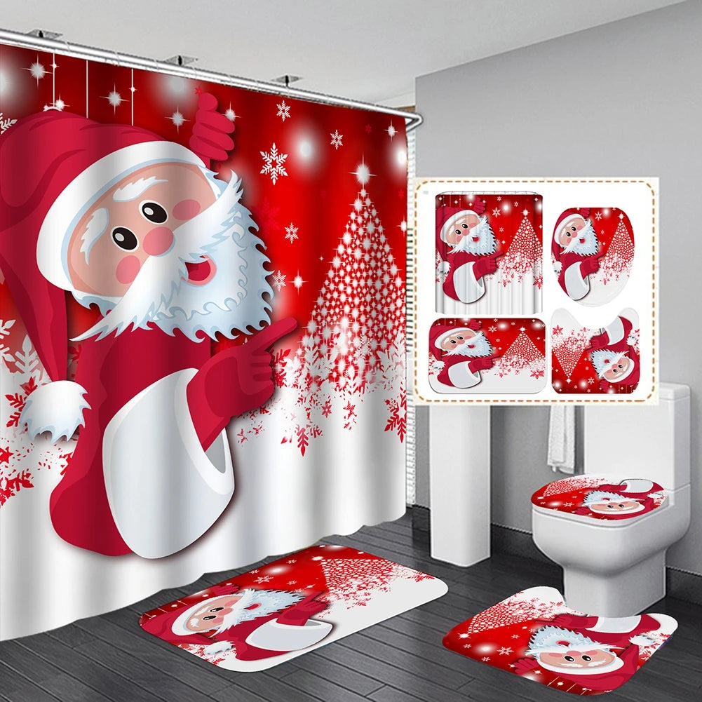 4PCS Bathroom Shower Curtain Set Christmas Snowman Santa Claus Printed Waterproof Shower Curtain Toilet Cover Mat Non Slip Rugs