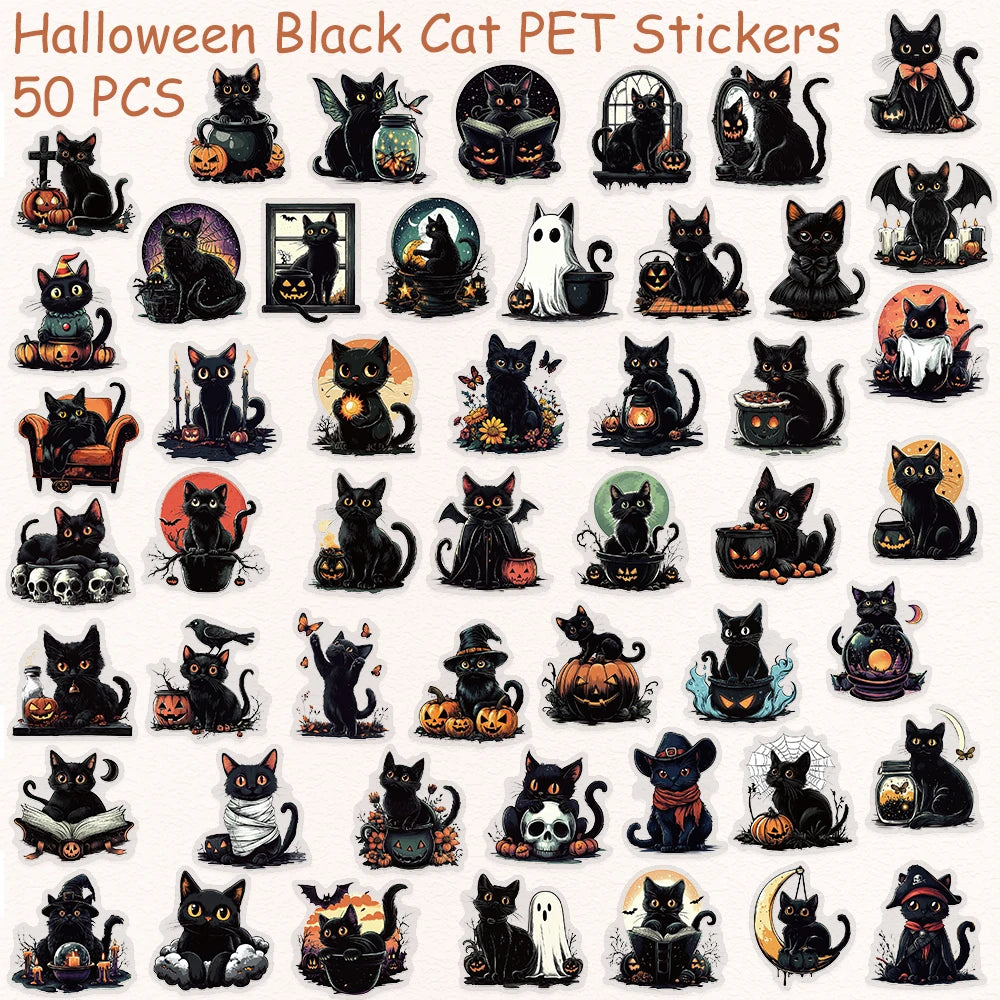 50pcs Halloween Black Cat PET Stickers Decals For Laptop Wall Suitcase Skateboard DIY Aesthetic Stickers Creative Festival Gifts