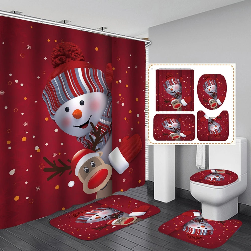 4PCS Bathroom Shower Curtain Set Christmas Snowman Santa Claus Printed Waterproof Shower Curtain Toilet Cover Mat Non Slip Rugs
