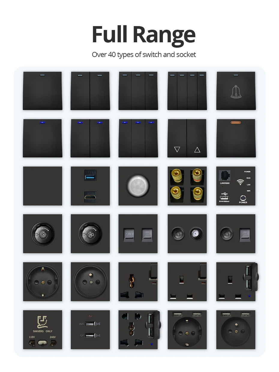 Wallpad Black DIY Module Acrylic Panel With Gold Border Wall Power Socket Electrical Outlet S6 Function Key Free Combination