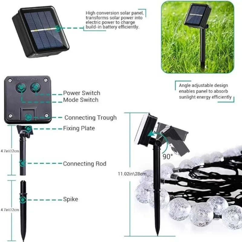 Solar String Lights Outdoor 100 LED Crystal Globe Light Waterproof Solar Fairy Light for Christmas Halloween Party Festoon Decor