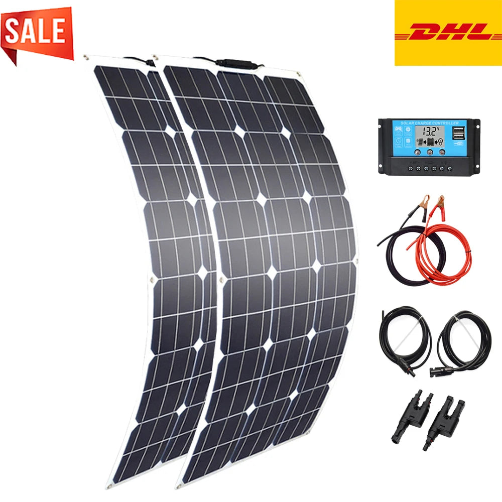 solar panel 200w 100w 12v battery charger flexible photovoltaic panel mono cell camper RV home roof balcony waterproof freeship