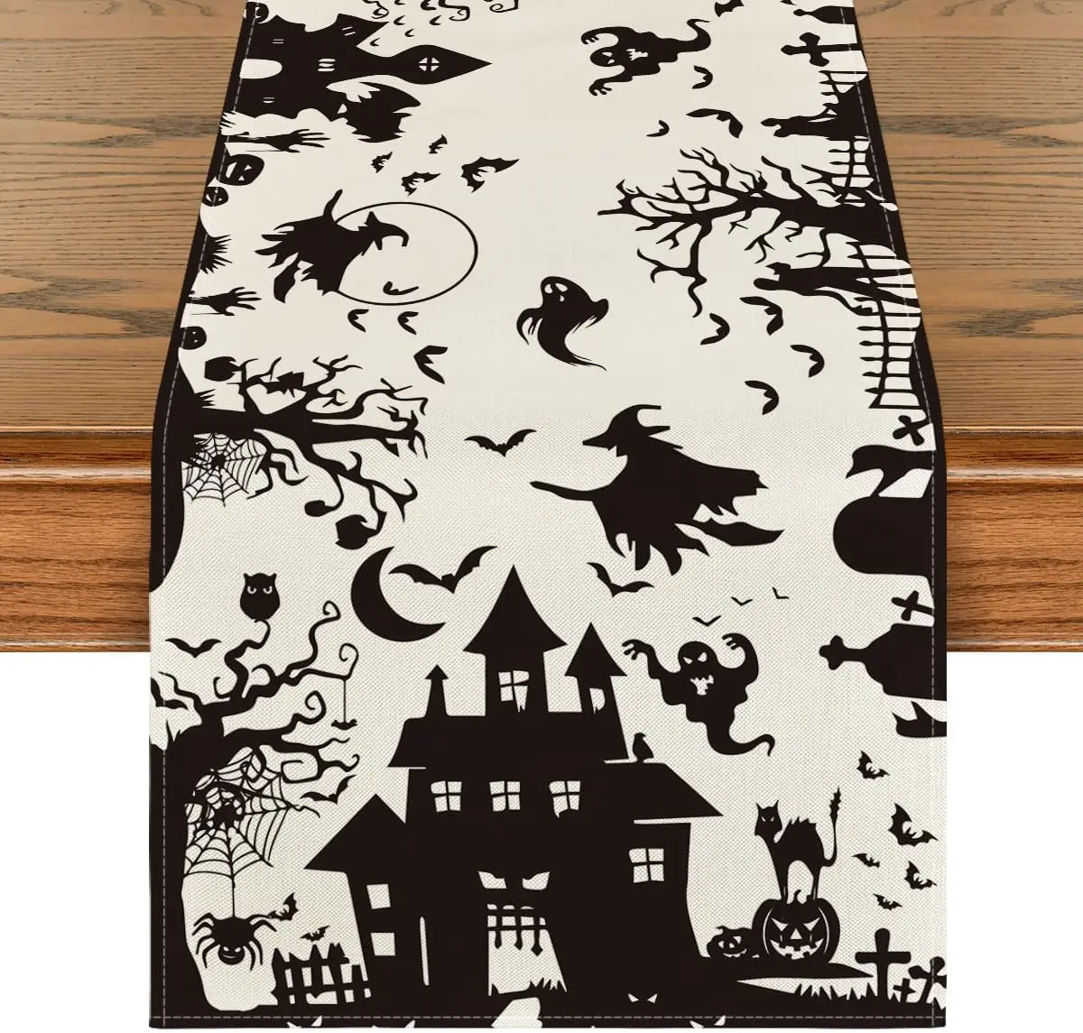 Halloween Gnome Pumpkin Linen Table Runners Black Cat Castle in Purple Spooky Nights Holiday Party Kitchen Dining Table Decor