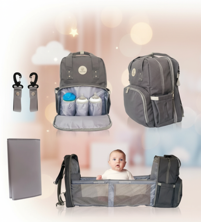 American Smart MoonBaby diaper bag with foldable changing station, portable crib, and bassinet for babies and toddlers.