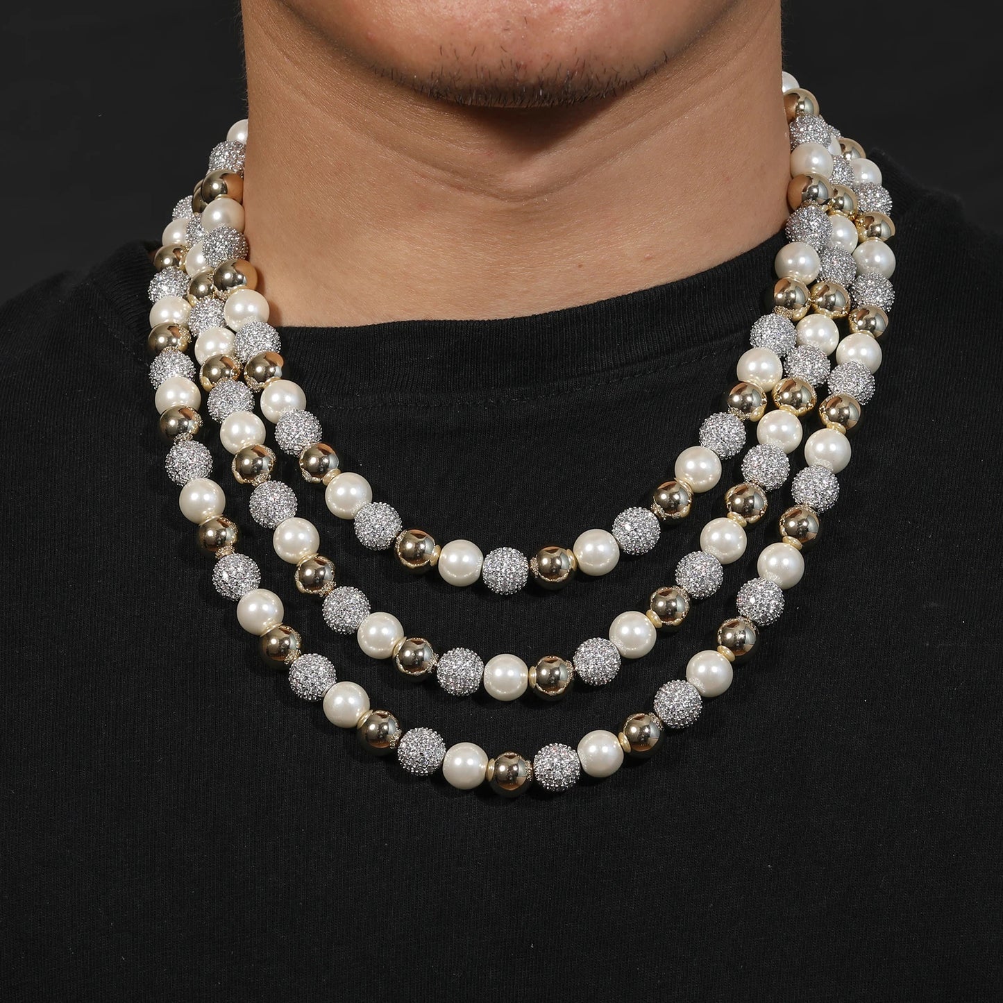 Fashion Imitation Pearl Men Necklace Iced Out Cubic Zircon Ball Hip Hop Bling Fashion Jewelry Rock Party Choker Chain Gifts