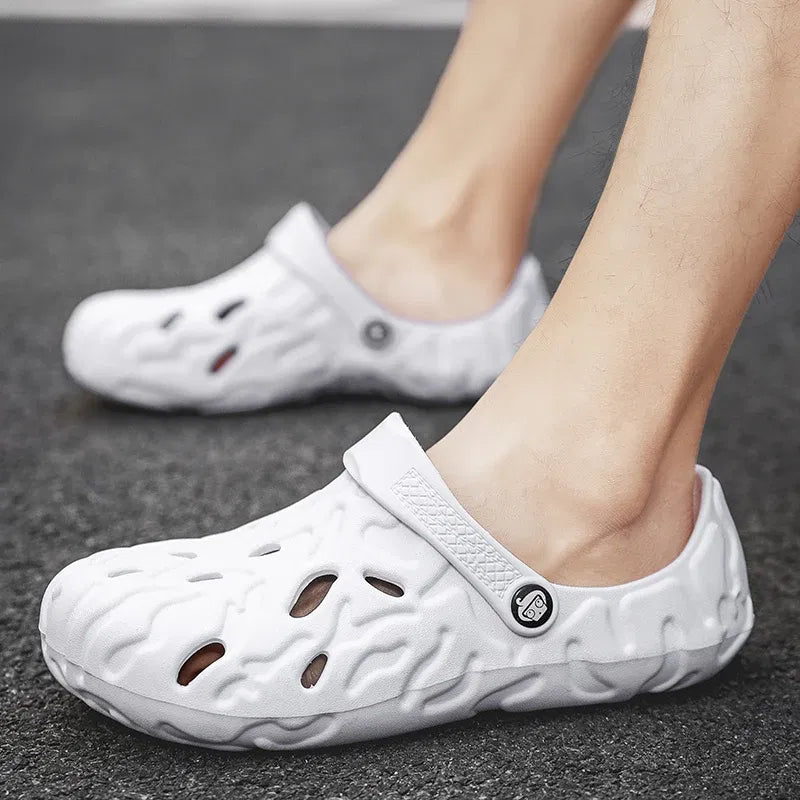 Color: black, Shoe Size: 45 - Men Summer Slippers Thick Sole Mens Clogs Sandals Hollow Breathable Flip Flops Sandals Shoes Fashion Beach Slippers