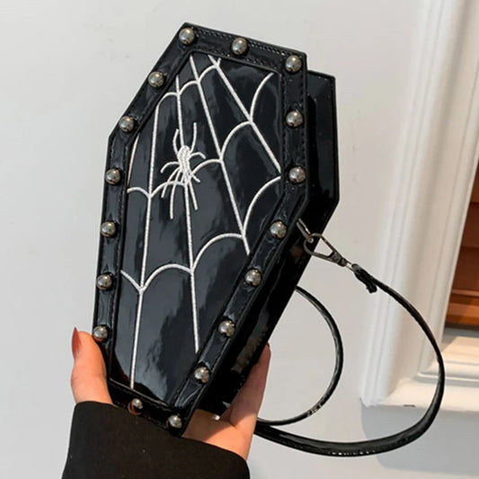 Women Coffin Satchel Purse Strap Adjustable Gothic Crossbody Bag Novelty Gothic Coin Purse Spider Coffin Bag Halloween Candy Bag