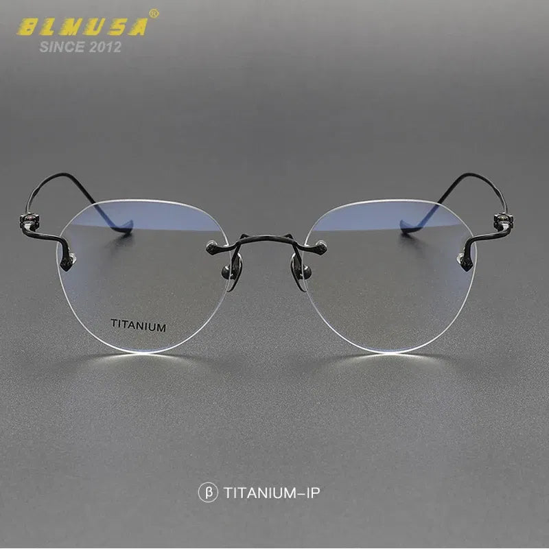Frame Color: GRAY, Eye Prescription: +275 - BLMUSA Pure Titanium Rimless Anti-blue Light Reading Glasses for Men Round Photochromic Optical Prescription with MR-8 lens