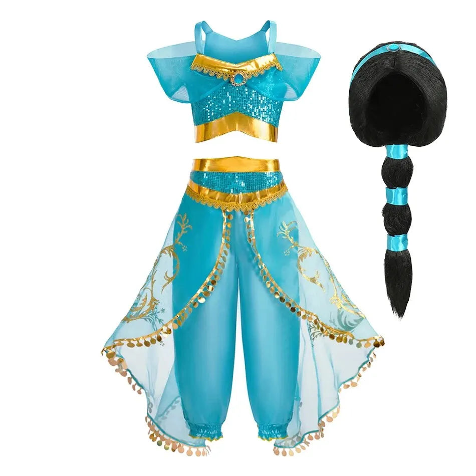 Kids Arabian Princess Dress Girls Halloween Jasmine Costume Children Carnival Cosplay Party Disguise Girl Sequins Pageant Outfit