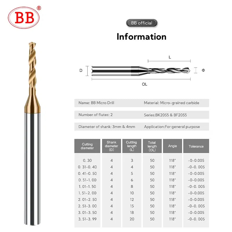 Hole Diameter: 3.2mm - BB 2.03-3.75mm Micro Drill Mini Coated Solid Carbide Bit Metal Iron Steel Hole Drilling 3xD Cutting Length D=4mm CNC Tool 1pcs