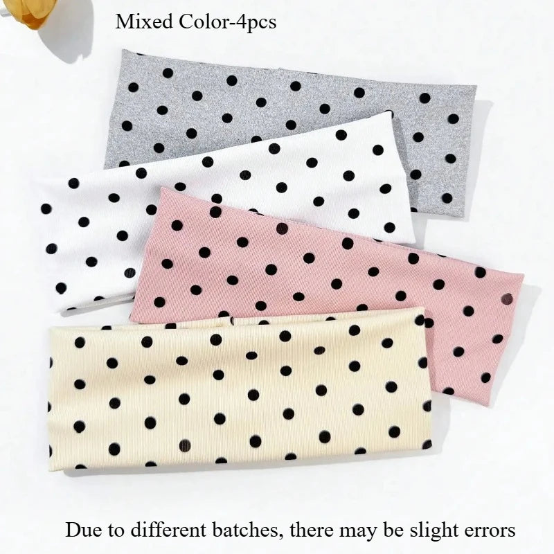 4pcs/set Ladies Polka Dot Print Wide-Edge Elastic Hair Band Face Makeup Sports Headband Stylish Hair Accessory for Women