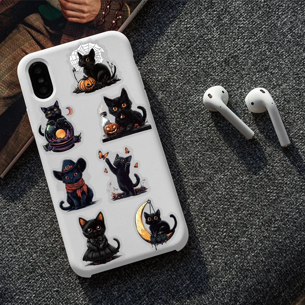 50pcs Halloween Black Cat PET Stickers Decals For Laptop Wall Suitcase Skateboard DIY Aesthetic Stickers Creative Festival Gifts
