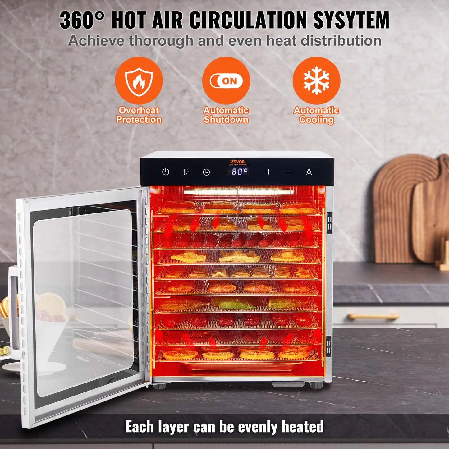 VEVOR Electric Food Dehydrator Machine, 800/1000W Electric Food Dryer, 10 Stainless Steel Trays, with Digital Adjustable Timer