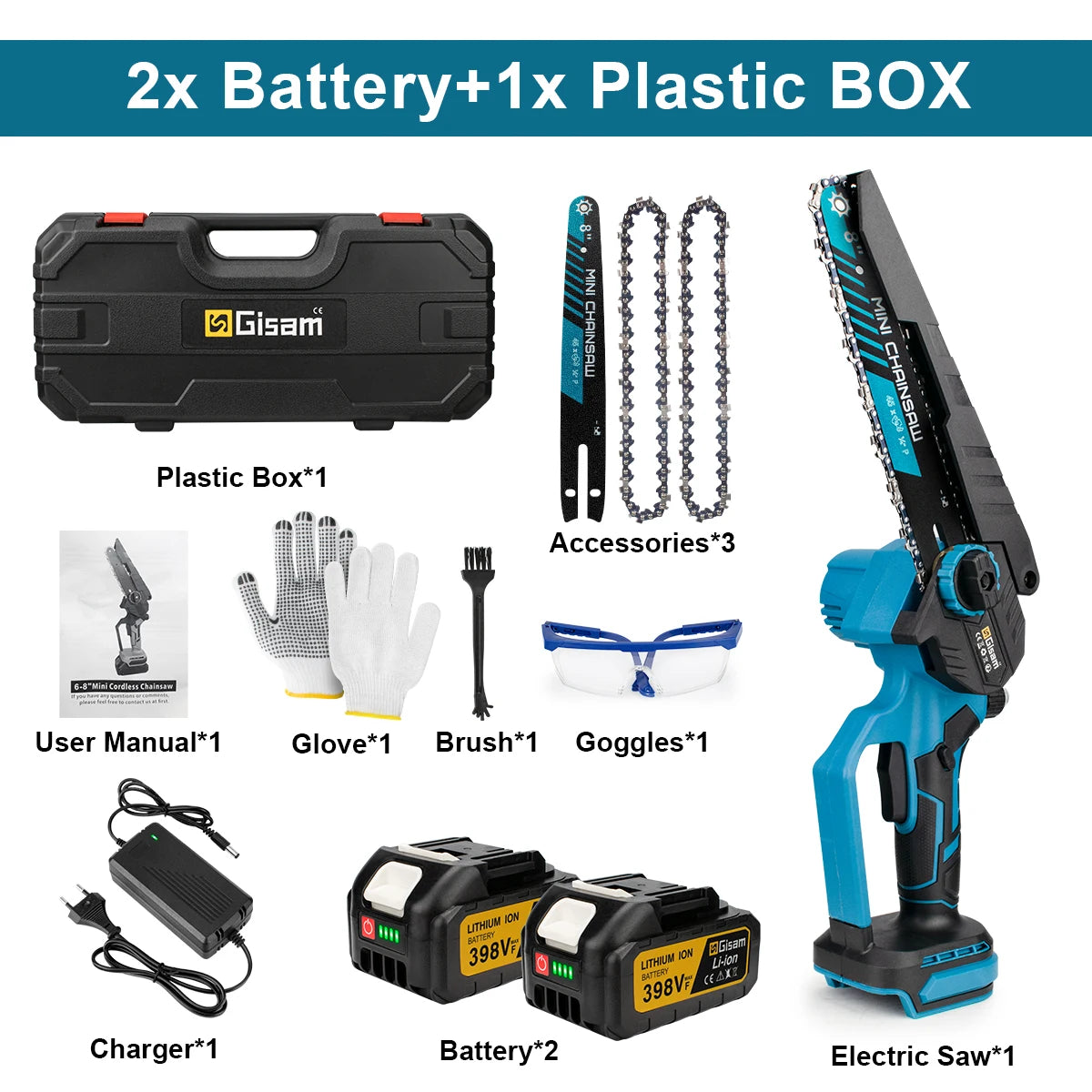 Gisam 8 Inch Brushless Electric Saw Cordless Handheld Garden Wood Logging Pruning Chainsaw Power Tools for Makita 18V Battery