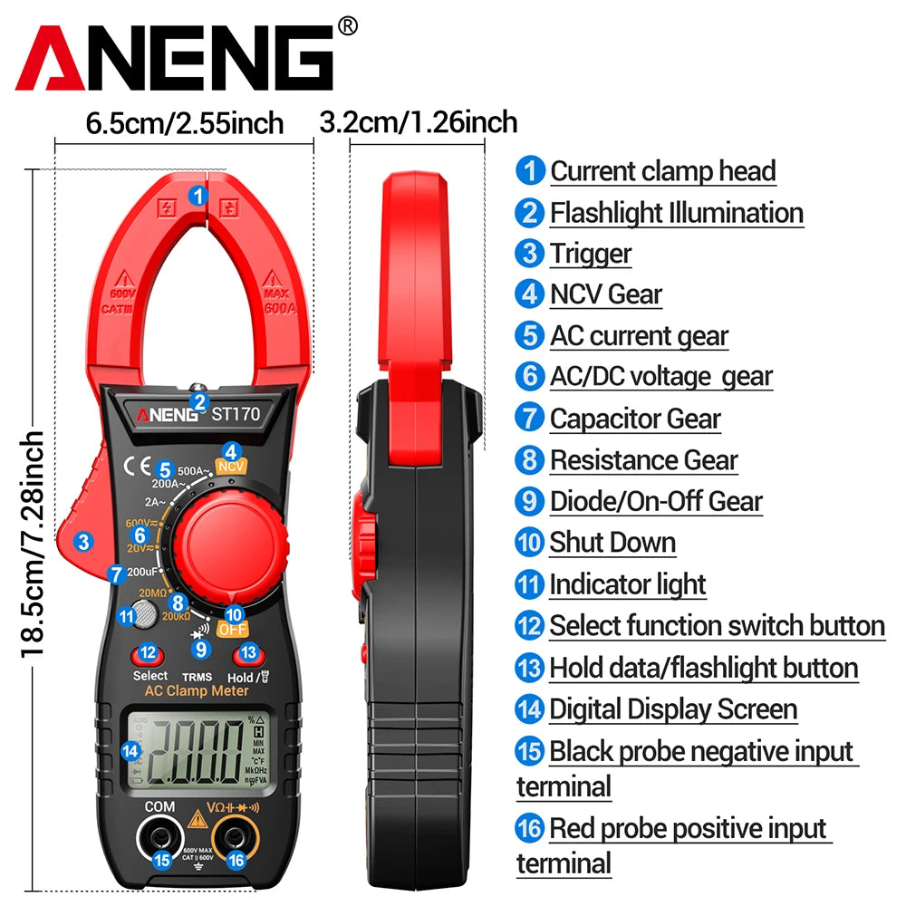 ANENG ST170 Digital Clamp Meter Multimeter 500A AC Current AC/DC Voltage Tester Resistance Capacitance Diode Test NCV Large Screen Flashlight Auto Power Off Electrician Tools