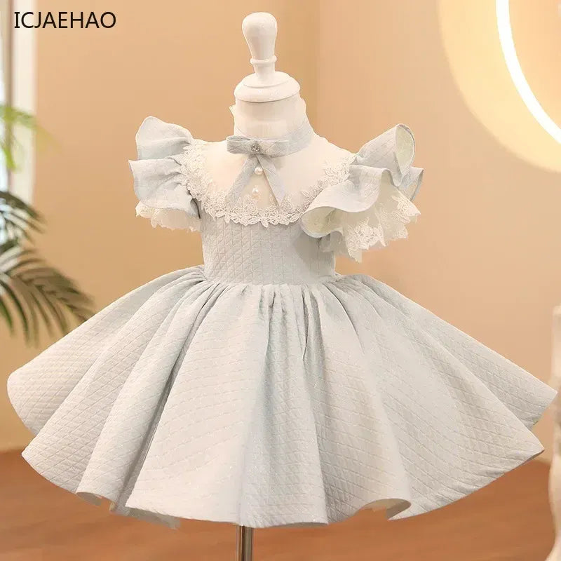 Kid Size: 12T, Color: Brown - 2025 Children Teen Girl Dresses Solid Lace Vestidos Prom Piano Performance Birthday Party Host Girls Costumes Baby Dress for Eid