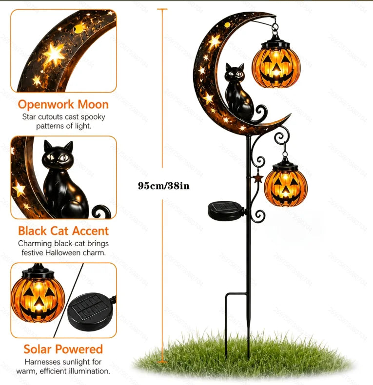For Halloween Solar Garden Stake Lights, Crescent Moon Black Cat Double Pumpkin Lantern LED Path Light, Auto On/Off Warm Spooky Glow Jack O Lantern Yard Lawn Patio Decor, Rustic Iron Weather Resistant Outdoor Ornament for Hal