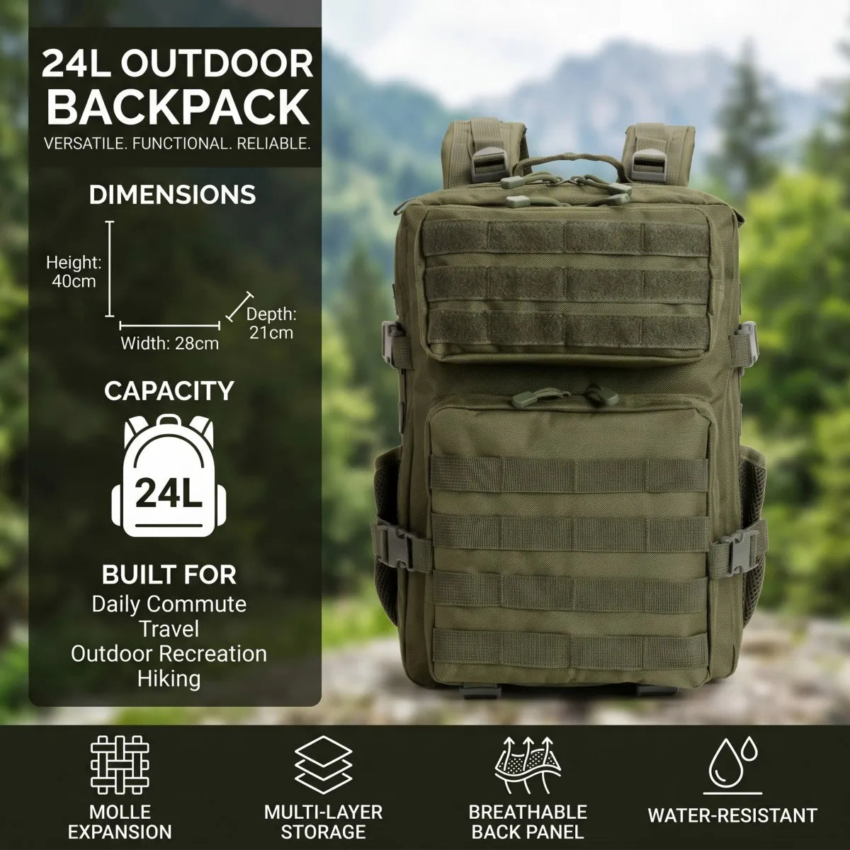 24L Molle Tactical Backpack for Men Women Wear Resistant Shoulder Daypack Gear Storage Bag for School Short Distance Travel Hiking Camping Fishing Cycling Daily Commute Sports