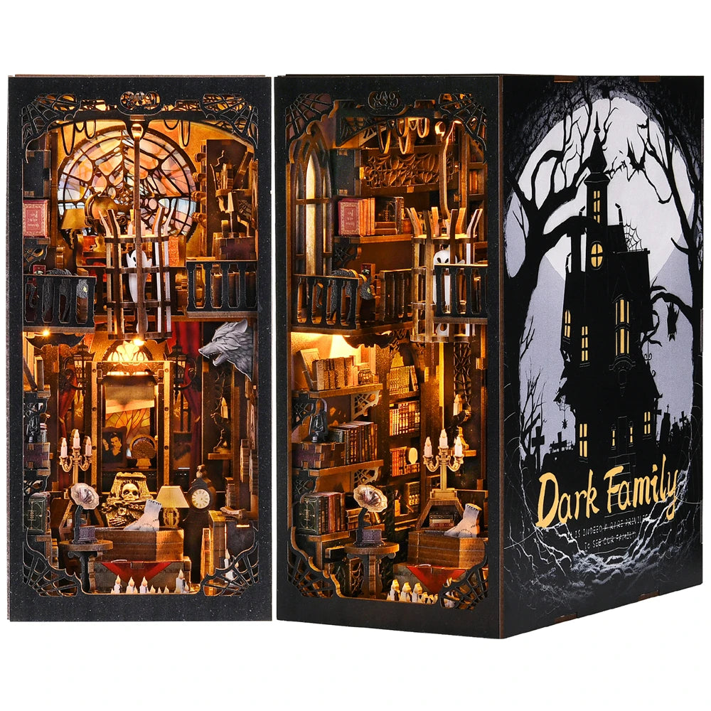 Book Nook Kit Dark Family DIY Wooden Puzzle Gothic Style Halloween Bookshelf Dollhouse Model Bookend Building Home Decoration
