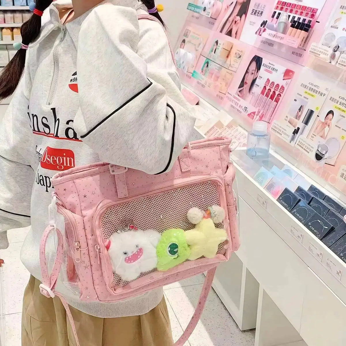 New Y2K Cute Japanese Ita Shoulder Bag Lolita Girls Transparent Tote Bag Large Capacity Crossbody Casual Bag DIY Display Handbag