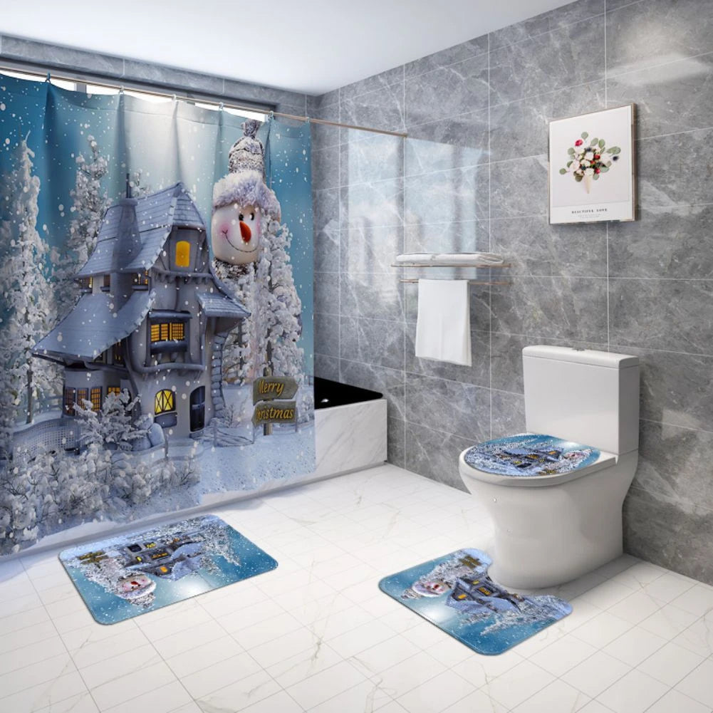4PCS Bathroom Shower Curtain Set Christmas Snowman Santa Claus Printed Waterproof Shower Curtain Toilet Cover Mat Non Slip Rugs