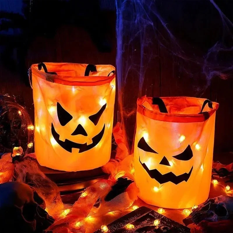 LED Glowing Pumpkin Candy Bag Reusable Halloween Christmas Treat Bag Battery Powered Light for Holiday Candy Exchange Christmas Gift