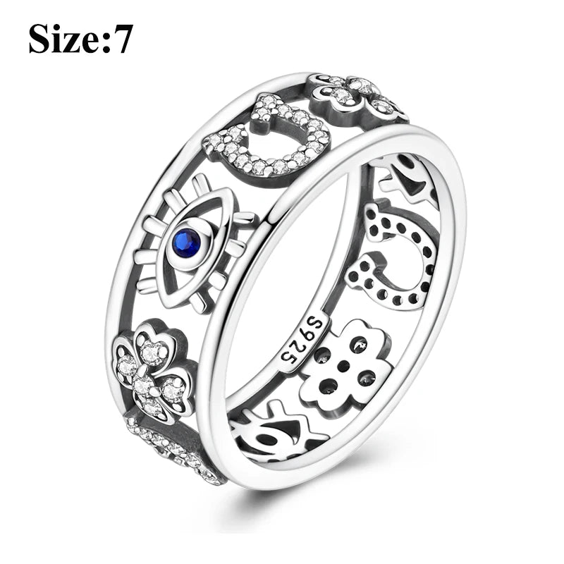 MULA Wedding Band Rings for Women Man 925 Sterling Silver Evil Eye Hand Celtic Knot Four-Leaf Clover Ring Stackable Jewelry Gift