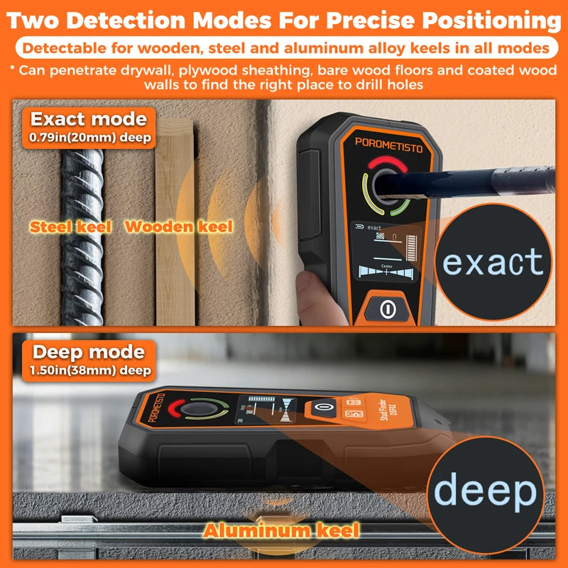 DSF02 6-in-1 Wall Scanner with Deep & Exact Modes, Type-C Rechargeable Stud Finder for Wood, Metal (Ferrous and Non-Ferrous), Live AC Wire, Pipe Detection, Depth Measurement, Auto-Calibration, Visual/Audible Alerts – Safe D