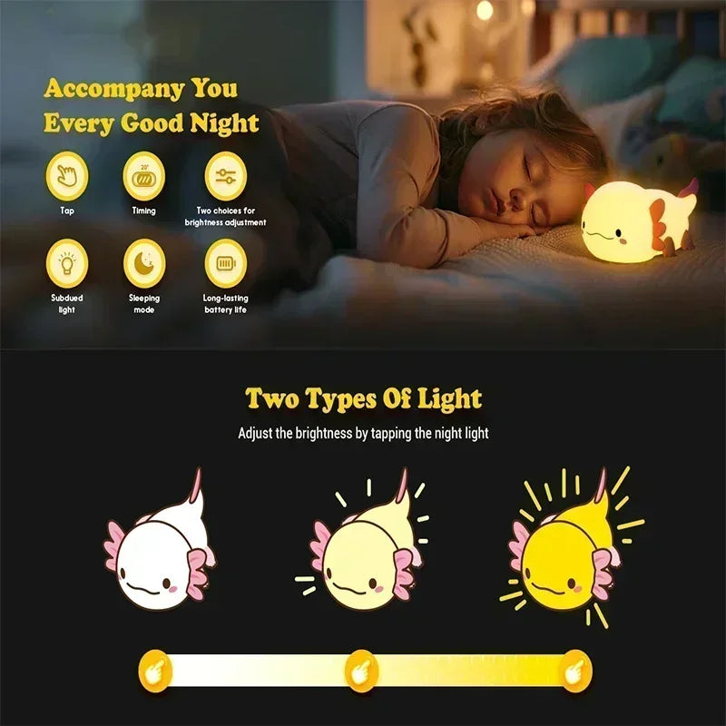 Cute Axolotl Night Light Silicone Nursery Sleeping Lamp Touch Control Nightlights USB Rechargeable Table Lamp for Child