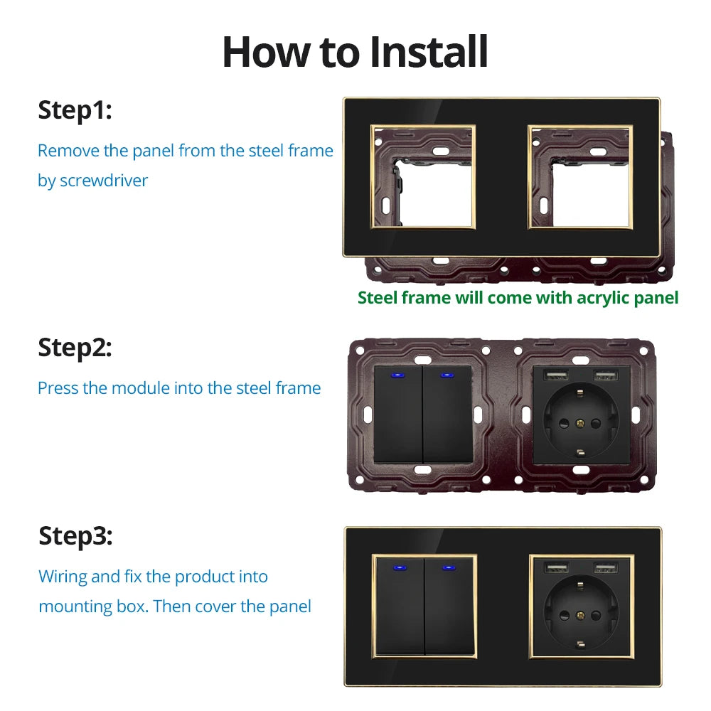 Wallpad Black DIY Module Acrylic Panel With Gold Border Wall Power Socket Electrical Outlet S6 Function Key Free Combination