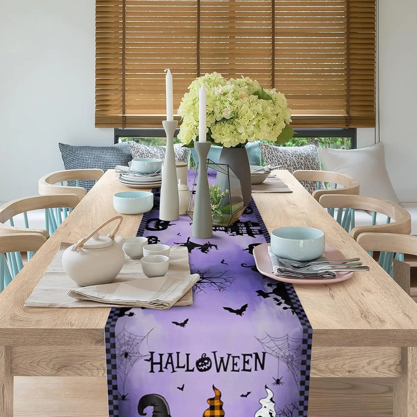 Halloween Gnome Pumpkin Linen Table Runners Black Cat Castle in Purple Spooky Nights Holiday Party Kitchen Dining Table Decor