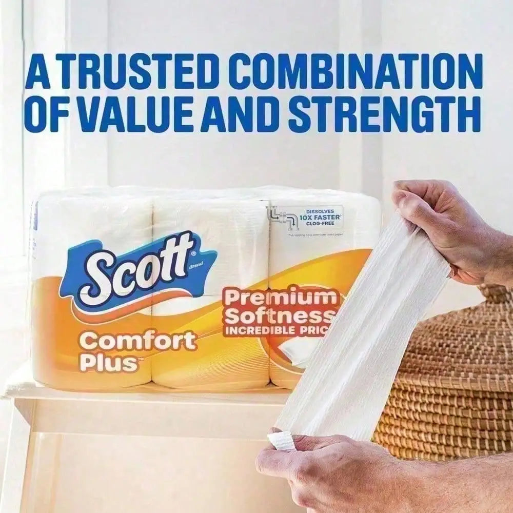 Scott ComfortPlus Toilet Paper, Thickened Family Large Capacity Pack. Available in 12/36/48 rolls, with double-ply & single-ply options. 12 double rolls equal to 24 regular rolls, 231 soft absorbent sheets per roll. Septic &