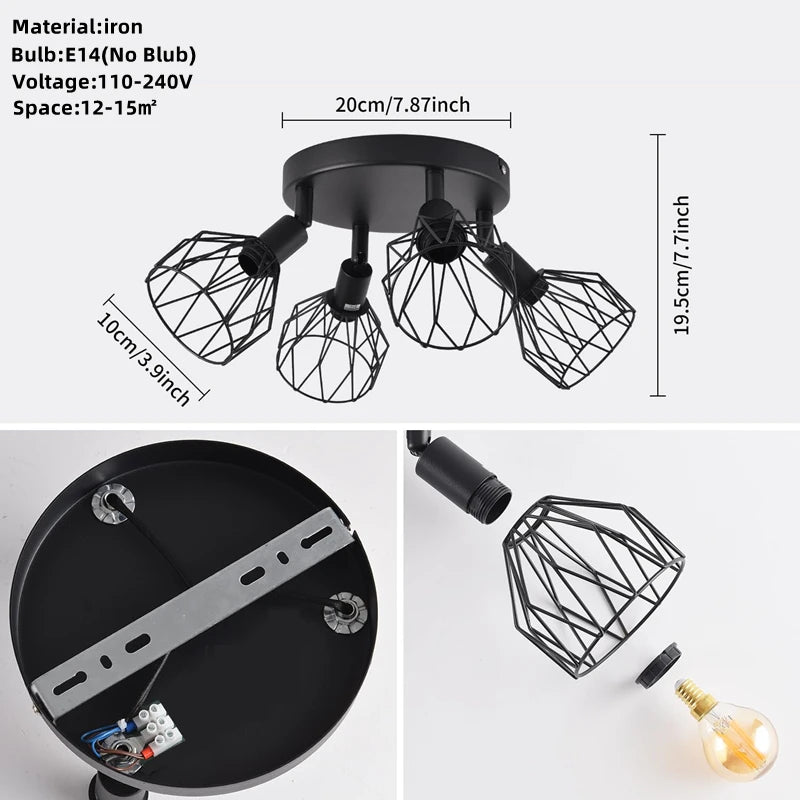LED Ceiling Light Fixture Black Iron Farmhouse Kitchen Dining Table Hallway Bathroom Bedroom E14 Lamp holder Ceiling Light