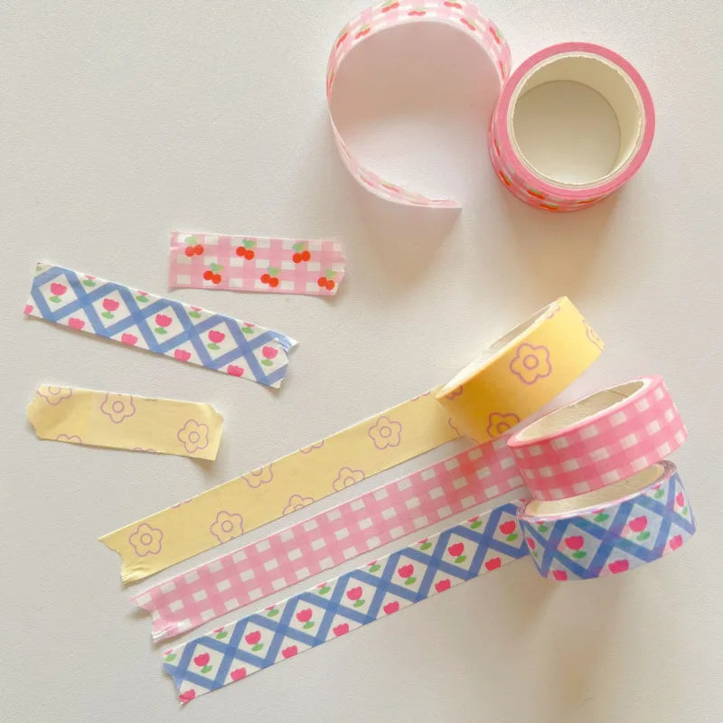 Decorative Washi Tape, Pink Cherry Grid Floral Masking Tape, Cute DIY Scrapbooking Journal Tape, Kawaii Planner Stationery Gift for Girls Women