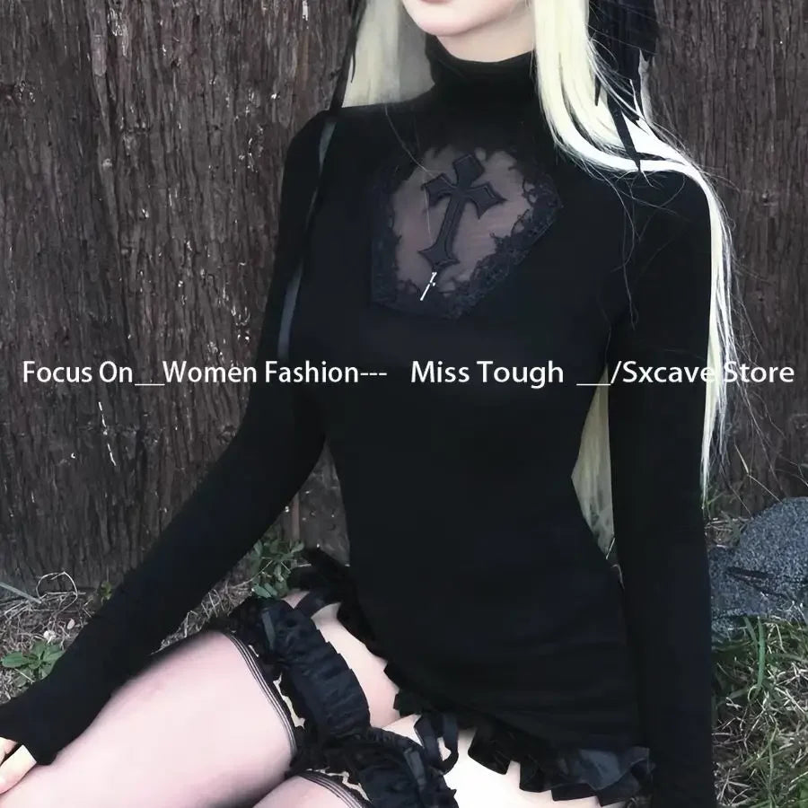 Long Sleeve Sexy Y2k T-shirt Women Tops High Neck Black Gothic Tees Cross Hollow Slimming Bottom Knitted Shirt Women Halloween