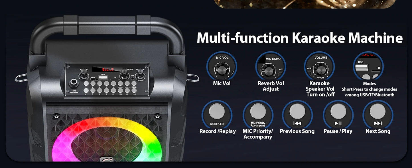 Bluetooth Karaoke Machine, Home Karaoke System with 2 Wireless Microphone, Portable Party Speaker with LED Light