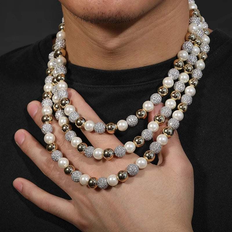 Fashion Imitation Pearl Men Necklace Iced Out Cubic Zircon Ball Hip Hop Bling Fashion Jewelry Rock Party Choker Chain Gifts