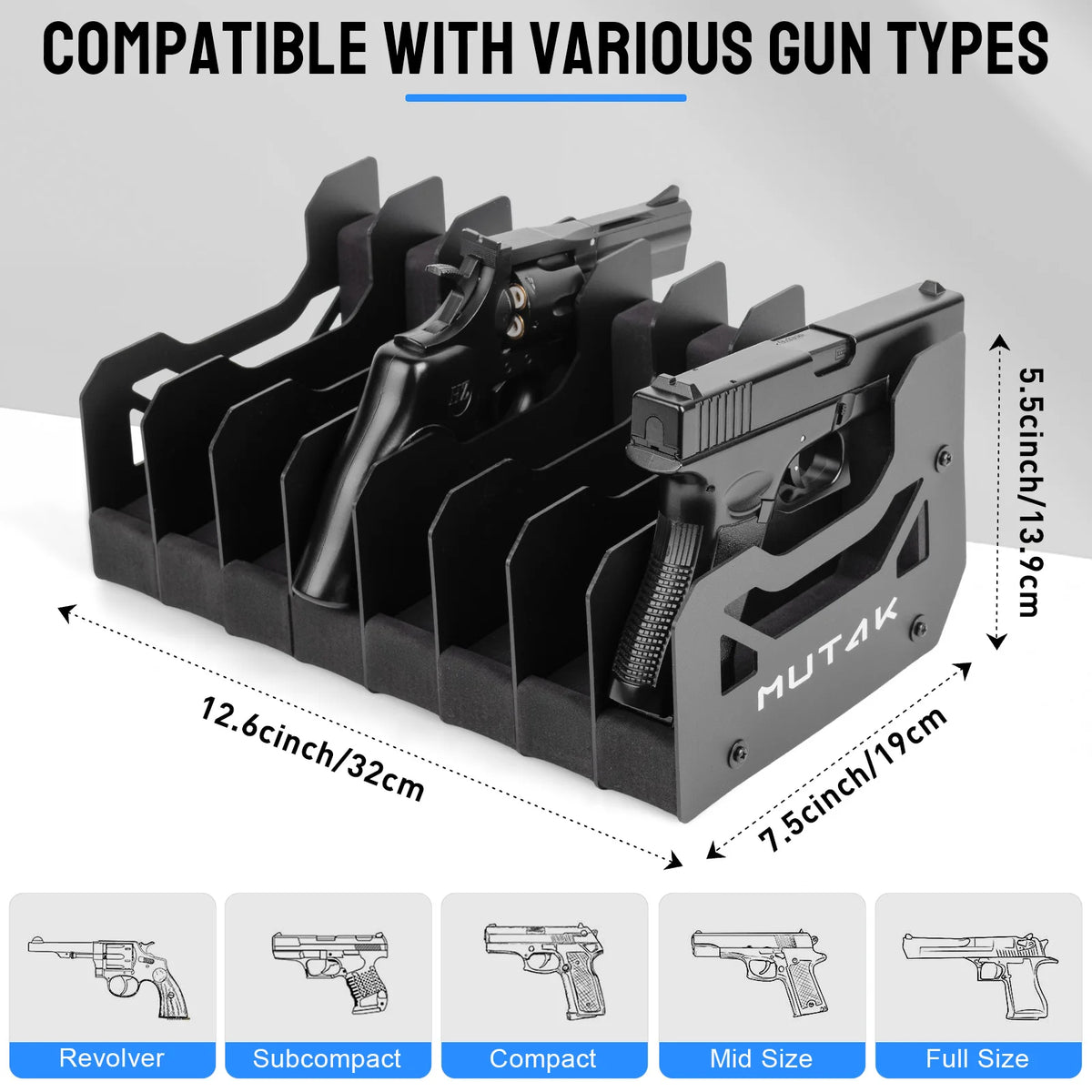 4/6/8 Slot Foam Pistol Rack for Gun Safe,Handgun Rack with Anti-slip Magnetic Strip,Firearm Revolver Storage Pistols Holder