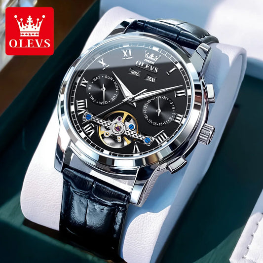 OLEVS TOP Brand Automatic Mechanical Watches Men Luxury Skeleton Flywheel Stainless Steel Waterproof Business Wristwatch 6607 - American Smart