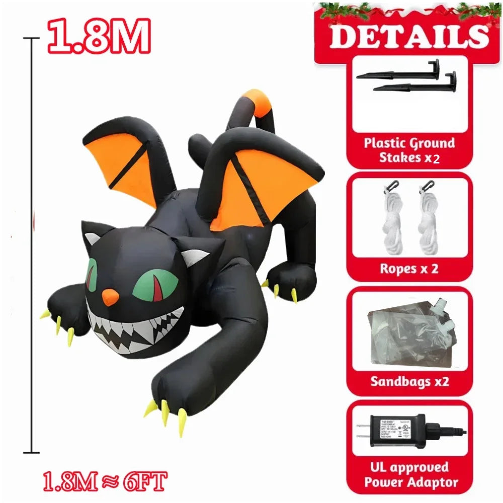1.8M Black Cat Halloween Inflatable Toy Decoration Built-in LED Lights Inflatable Model Outdoor Ornament Party Garden Decor Toy