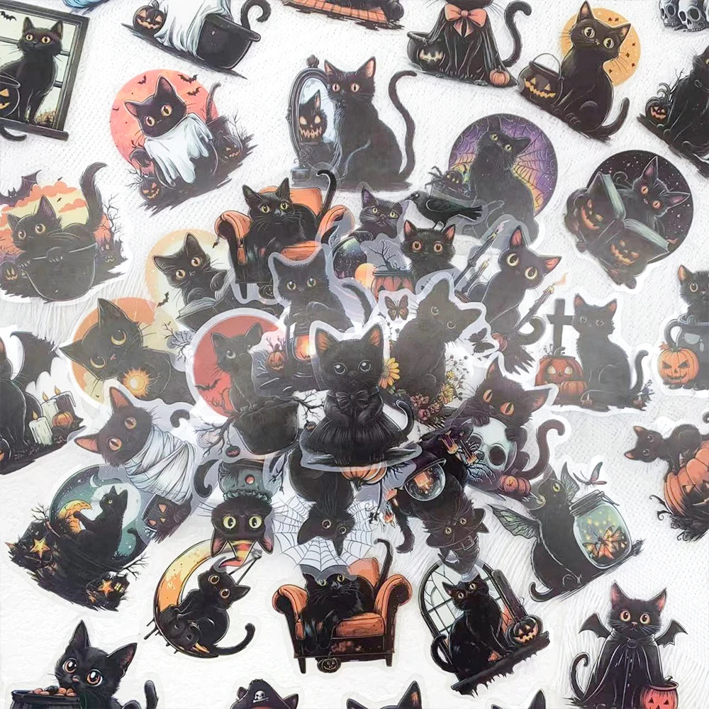 50pcs Halloween Black Cat PET Stickers Decals For Laptop Wall Suitcase Skateboard DIY Aesthetic Stickers Creative Festival Gifts
