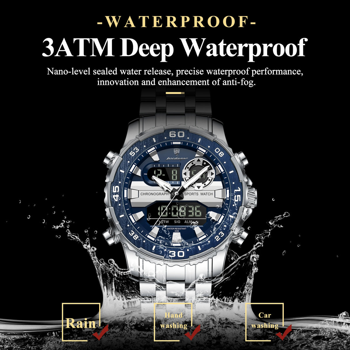 POEDAGAR Functional Electronic Man Wristwatch Week Date LED Luminous Oversized Fashion Quartz Men Watch Dual Time Digital Military Men's Watches Reloj